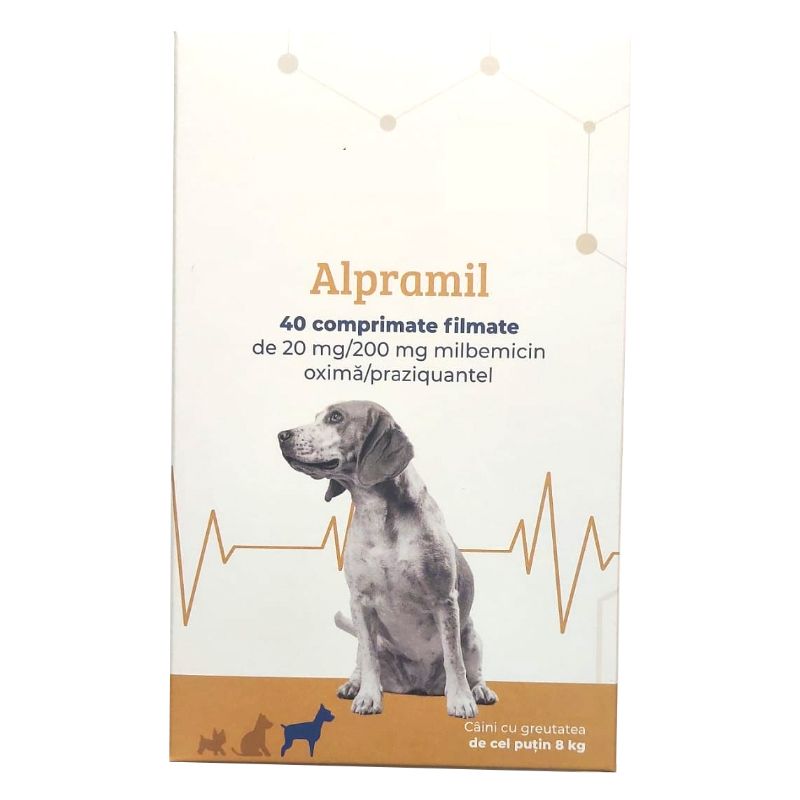 Alpramil Dog 20 mg/200 mg, comprimate filmate pentru caini cu greutatea de cel putin 8 kg, 4 comprimate