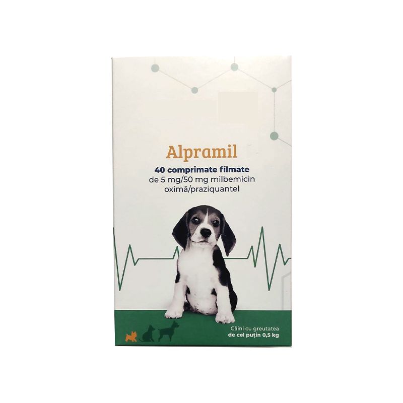 Alpramil Dog 5 mg/50 mg, comprimate filmate pentru caini cu greutatea de cel putin 0,5 kg, 4 comprimate
