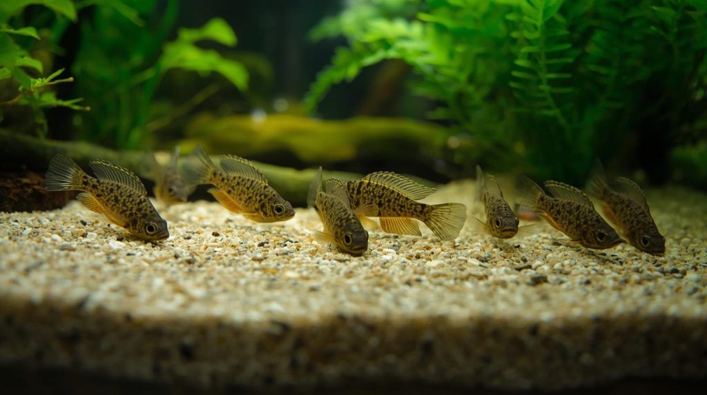 pești exotici Corydoras pe fundul unui acvariu plantat