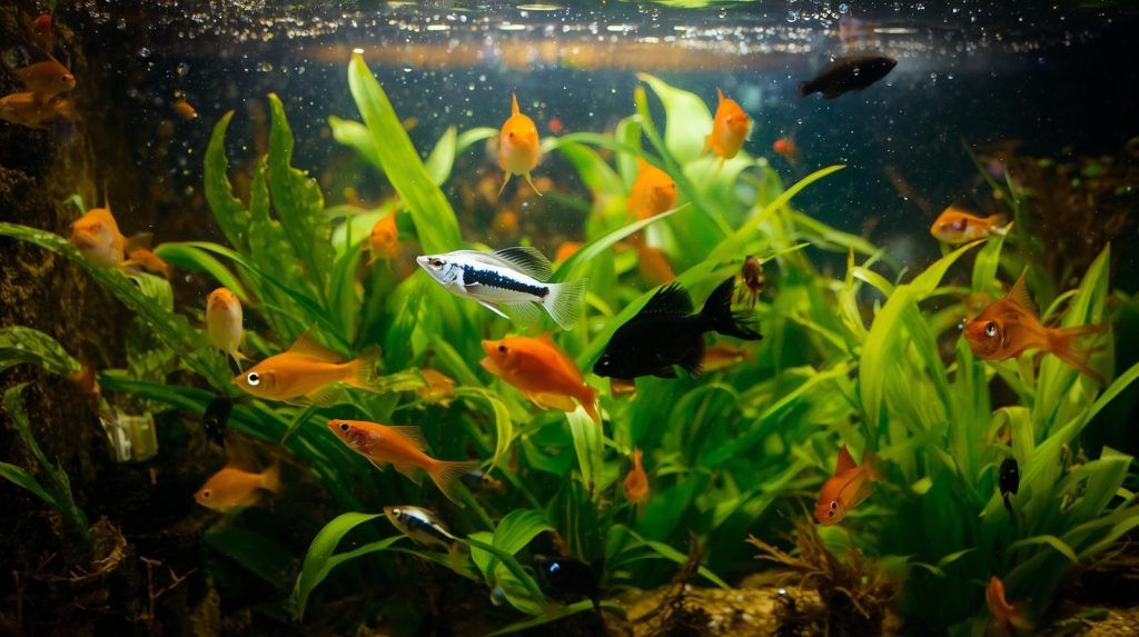 Pești exotici Molly colorați într-un acvariu luminos