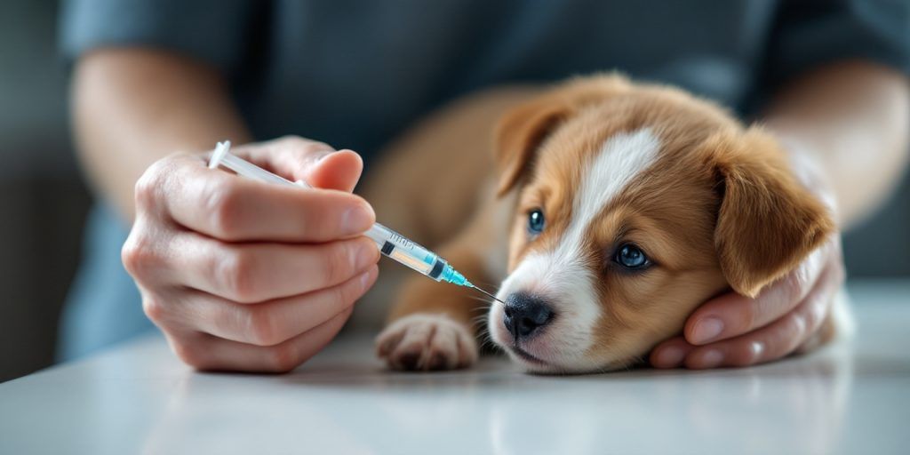 Administrarea pentru primul vaccin la câini pentru a preveni parvoviroza și jigodia.